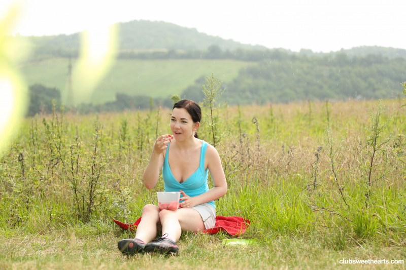 Cute teen toying herself in nature